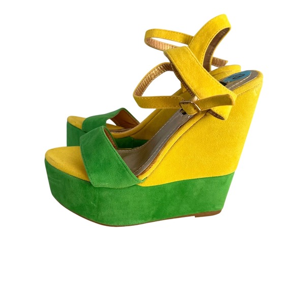 Goki Platform Wedge Sandals Ankle Strap Open Toe Yellow Green Size 6.5 - Picture 1 of 9